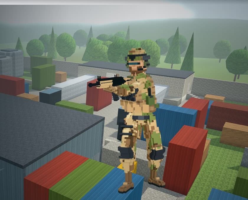 A voxel operator with a carbine stands on stacked shipping containers in the Tovarnaya yard.