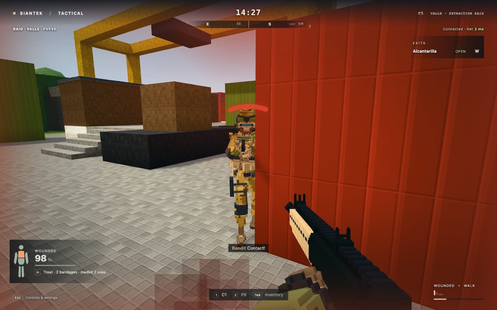 First-person view in a raid: a voxel bandit leans out from behind a red container while the player aims a shotgun.