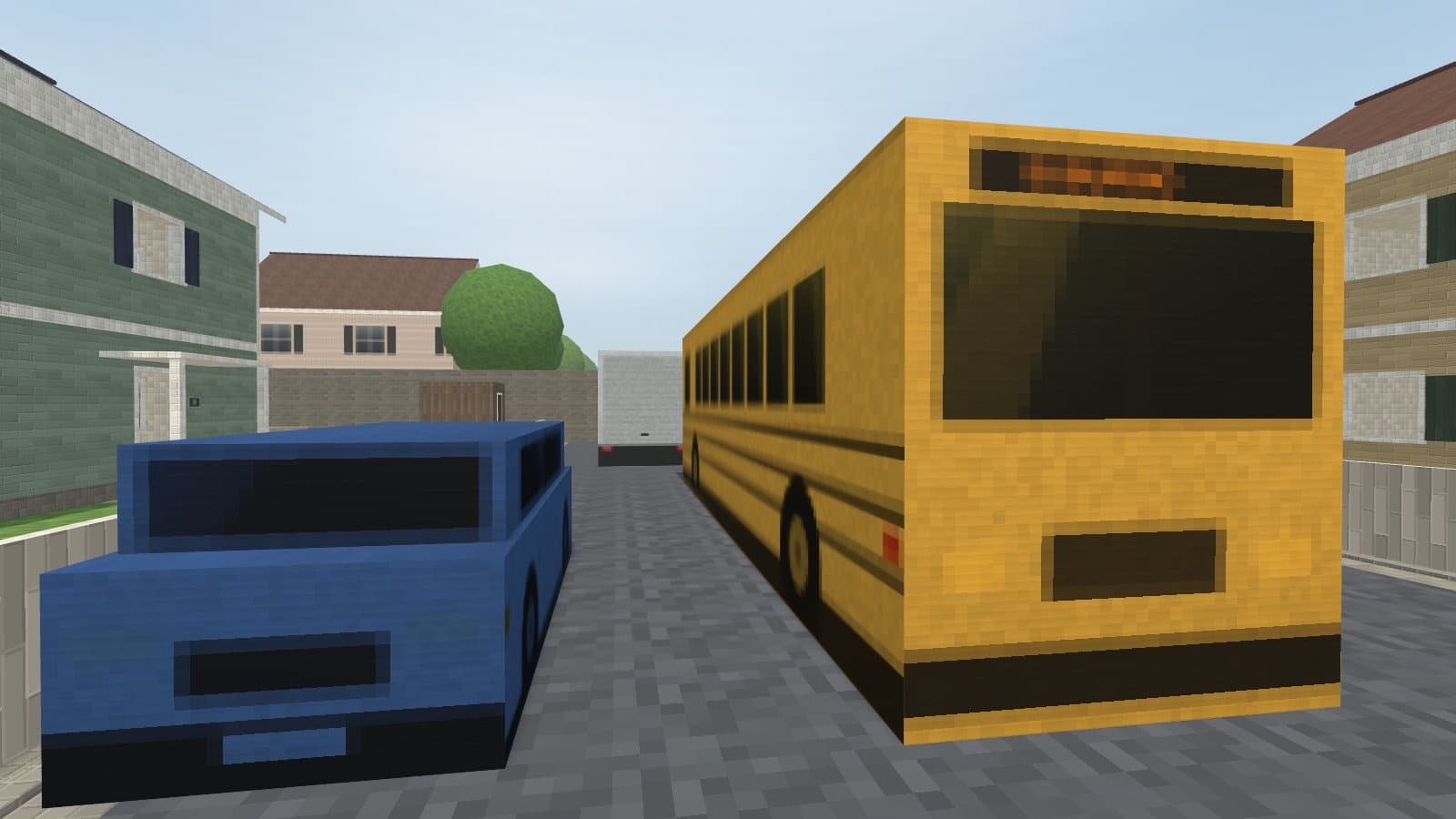 A voxel street with a yellow school bus and a blue car between houses.